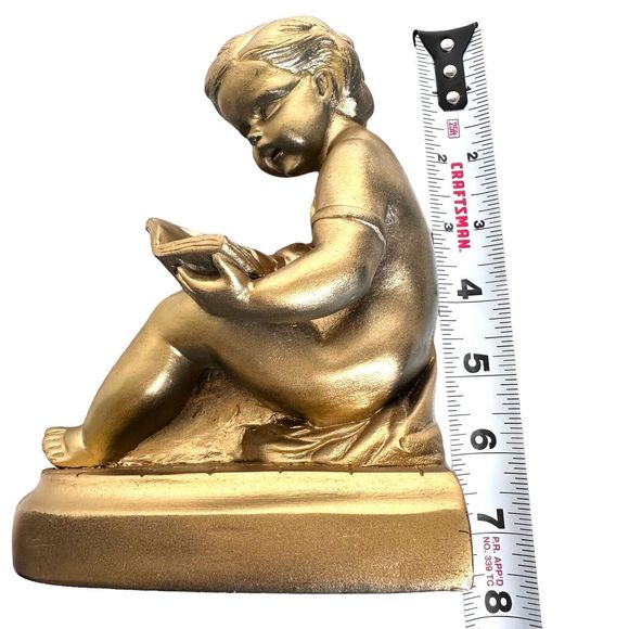 Vintage Pair faux Brass Bookends Boy Reading a Book~Gold Art Deco Decor~Cherubs - Picture 7 of 10